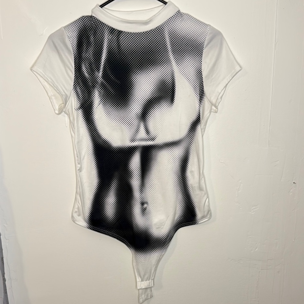 White and Black Graphic Mesh Effect Women's Bodysuit